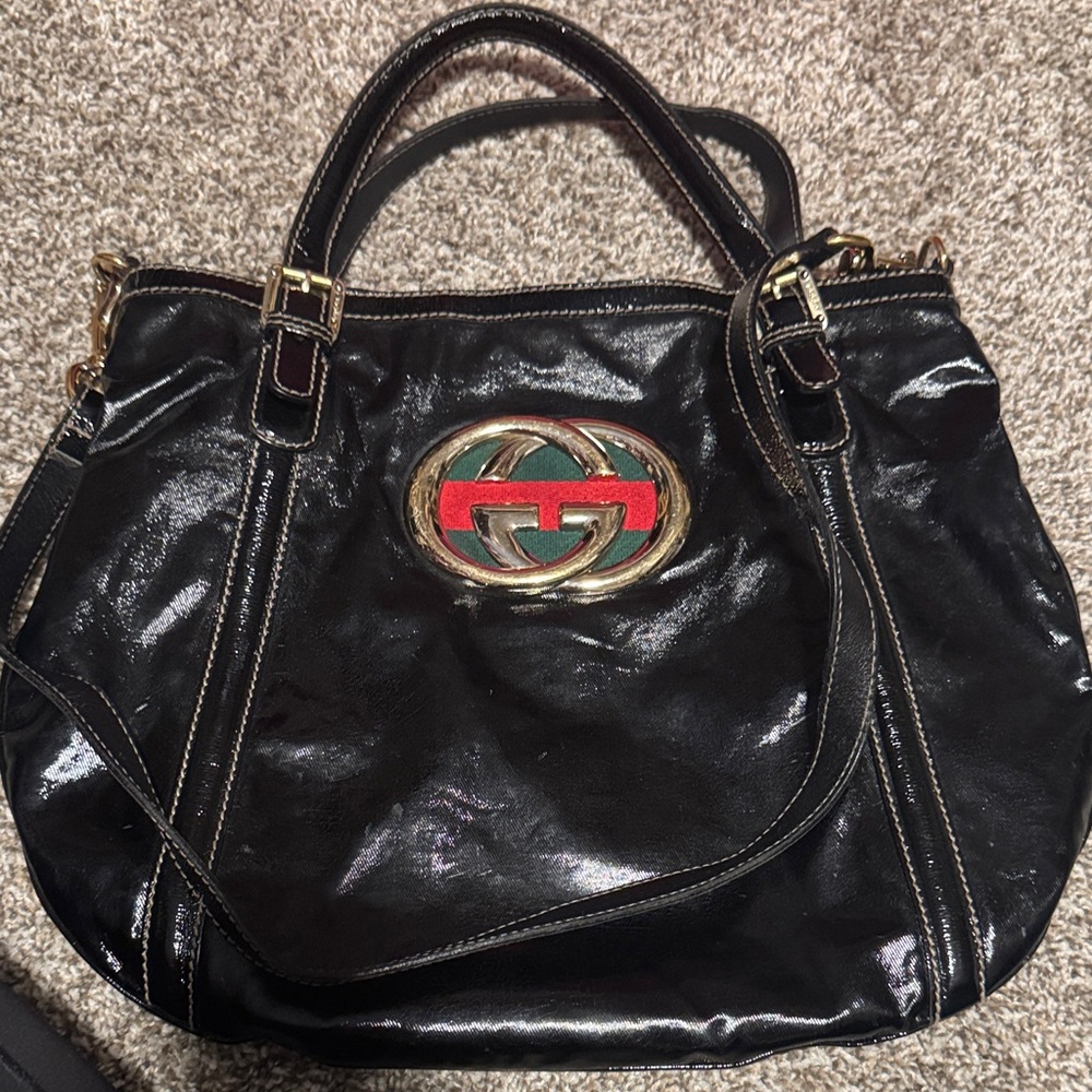 Gucci Shiny Black Crossbody Bag with Red and Green Emblem